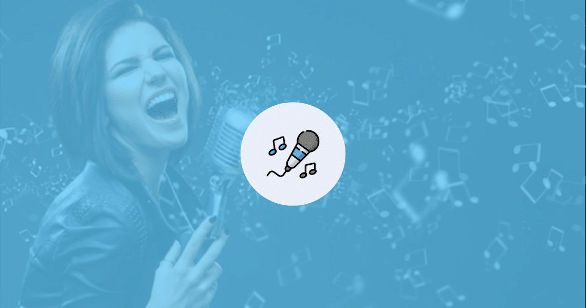 A woman confidently singing on a blue background, demonstrating her ability to rock piano performances and overcome anxiety.