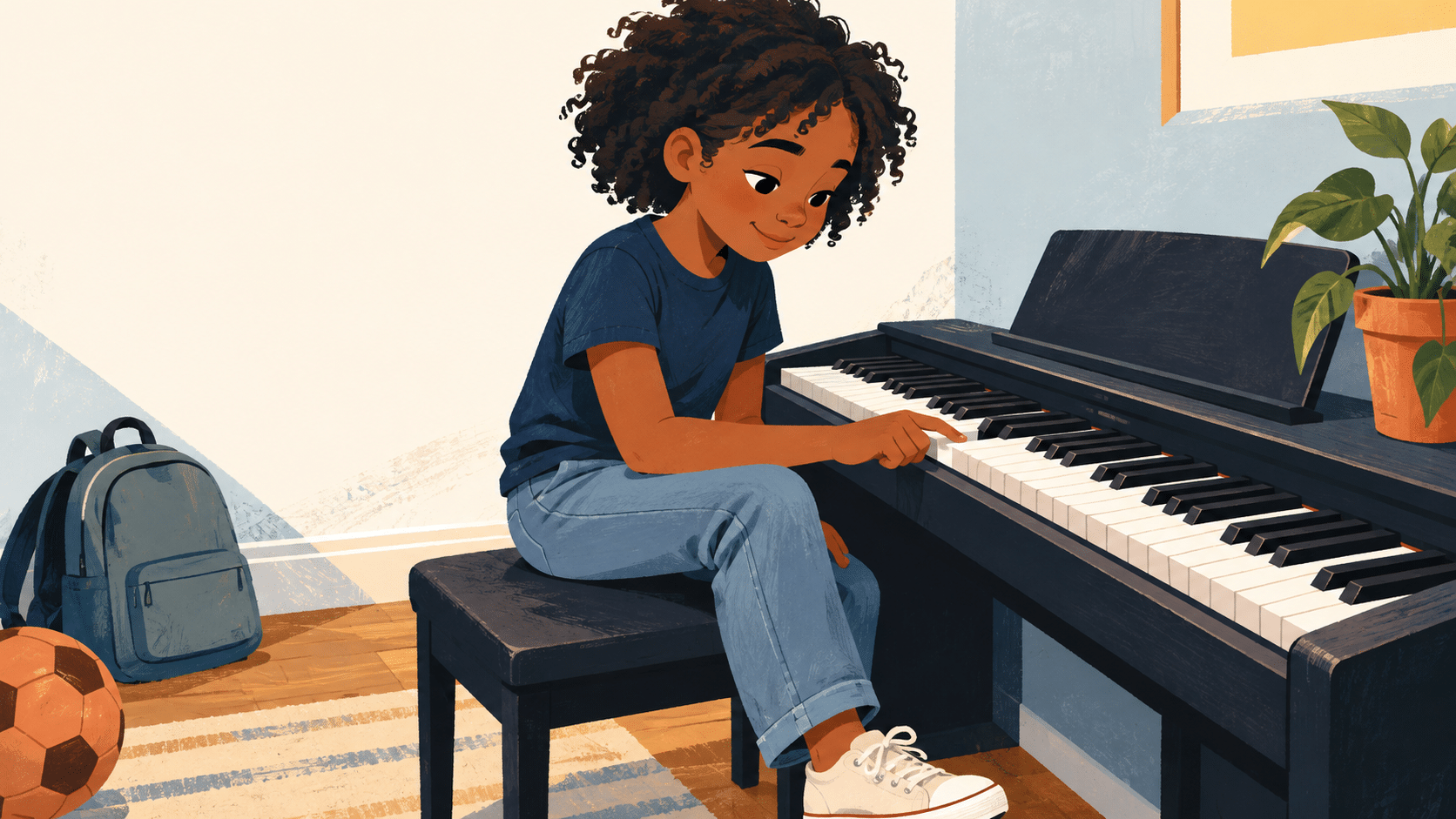 A young person with curly dark hair sitting on a bench and playing a digital piano during their piano lessons.