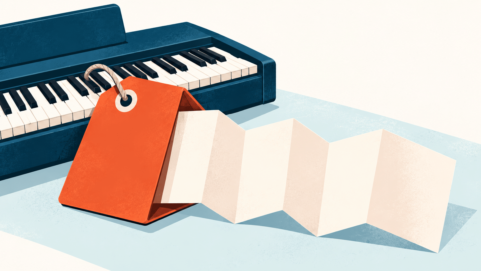 A digital piano with a large orange price tag attached, featuring a long, accordion-folded blank white paper that could be used for notes on how much are piano lessons.