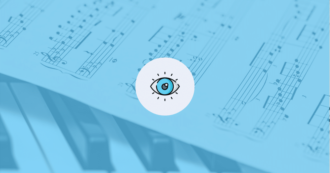 A sheet of music incorporating an eye, accompanied by 8 practice tips for pianists.