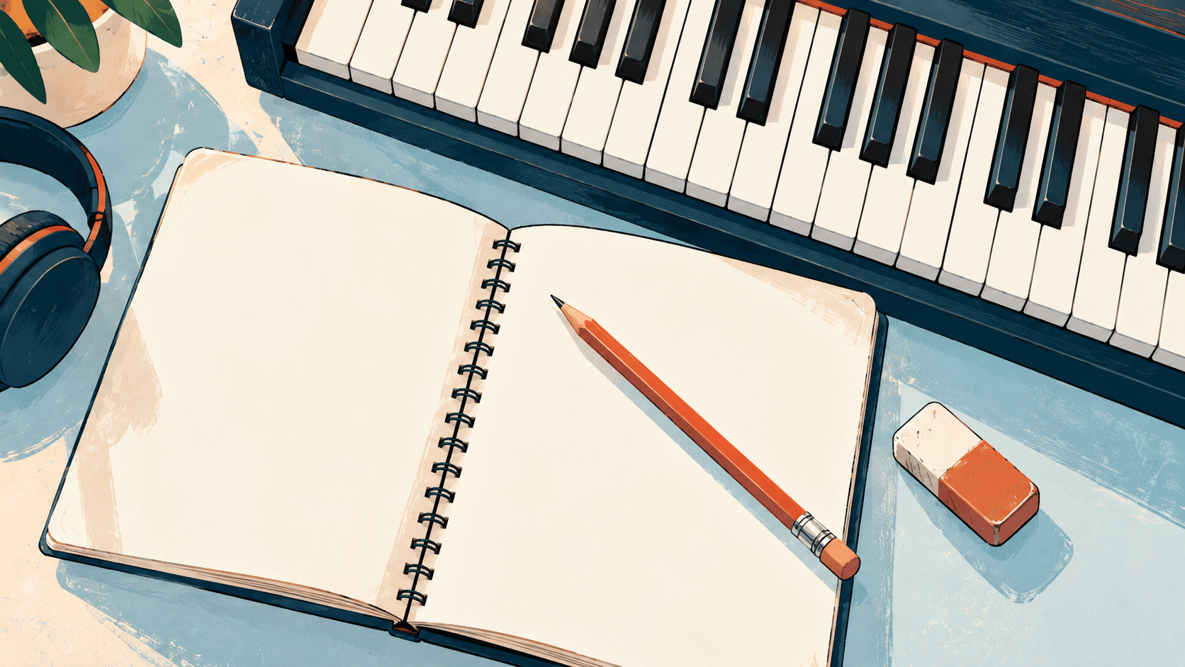 An open spiral notebook, pencil, and eraser on a desk next to a keyboard and headphones, perfect for a musical child.