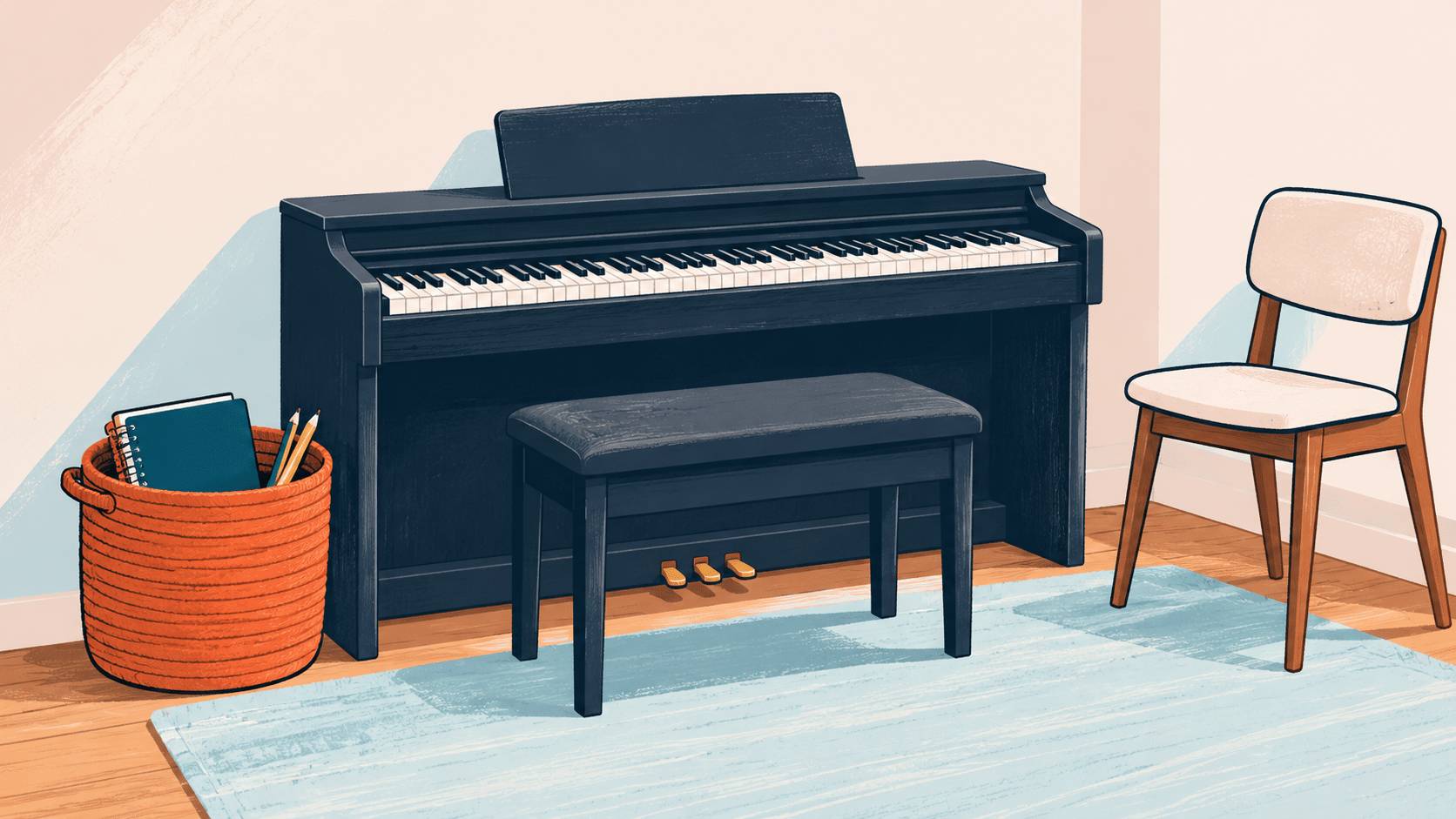 A digital piano with a bench, a chair, and a basket of notebooks and pencils on a light blue rug, creating a cozy home piano nook.