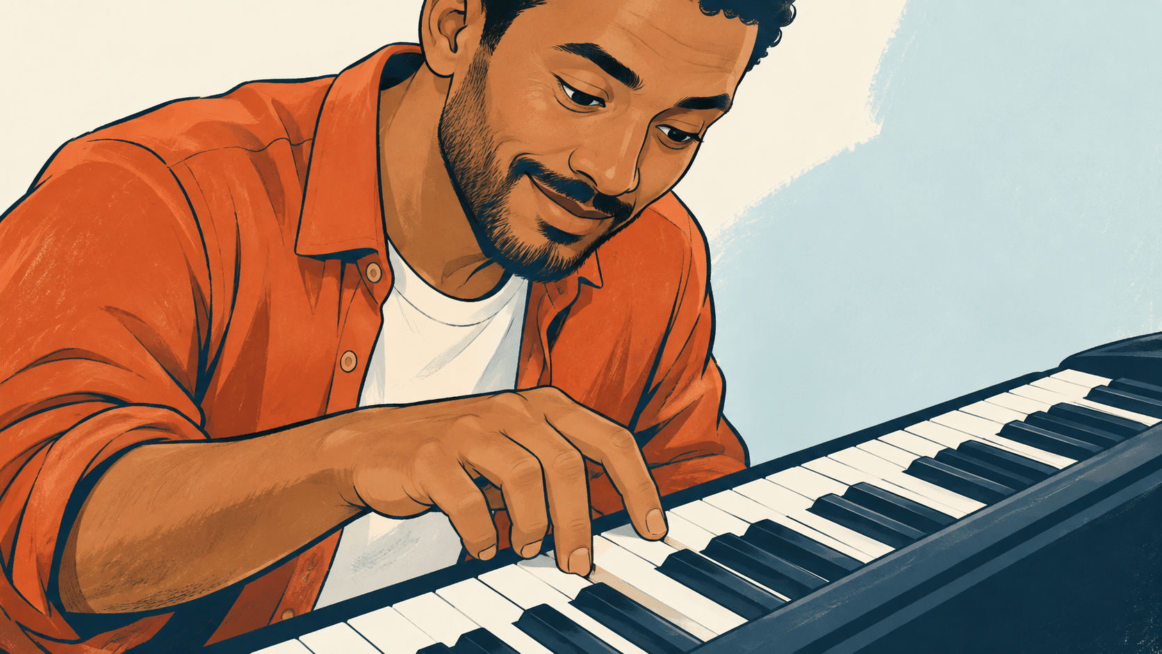 A bearded man wearing an orange shirt plays a keyboard during adult piano lessons.