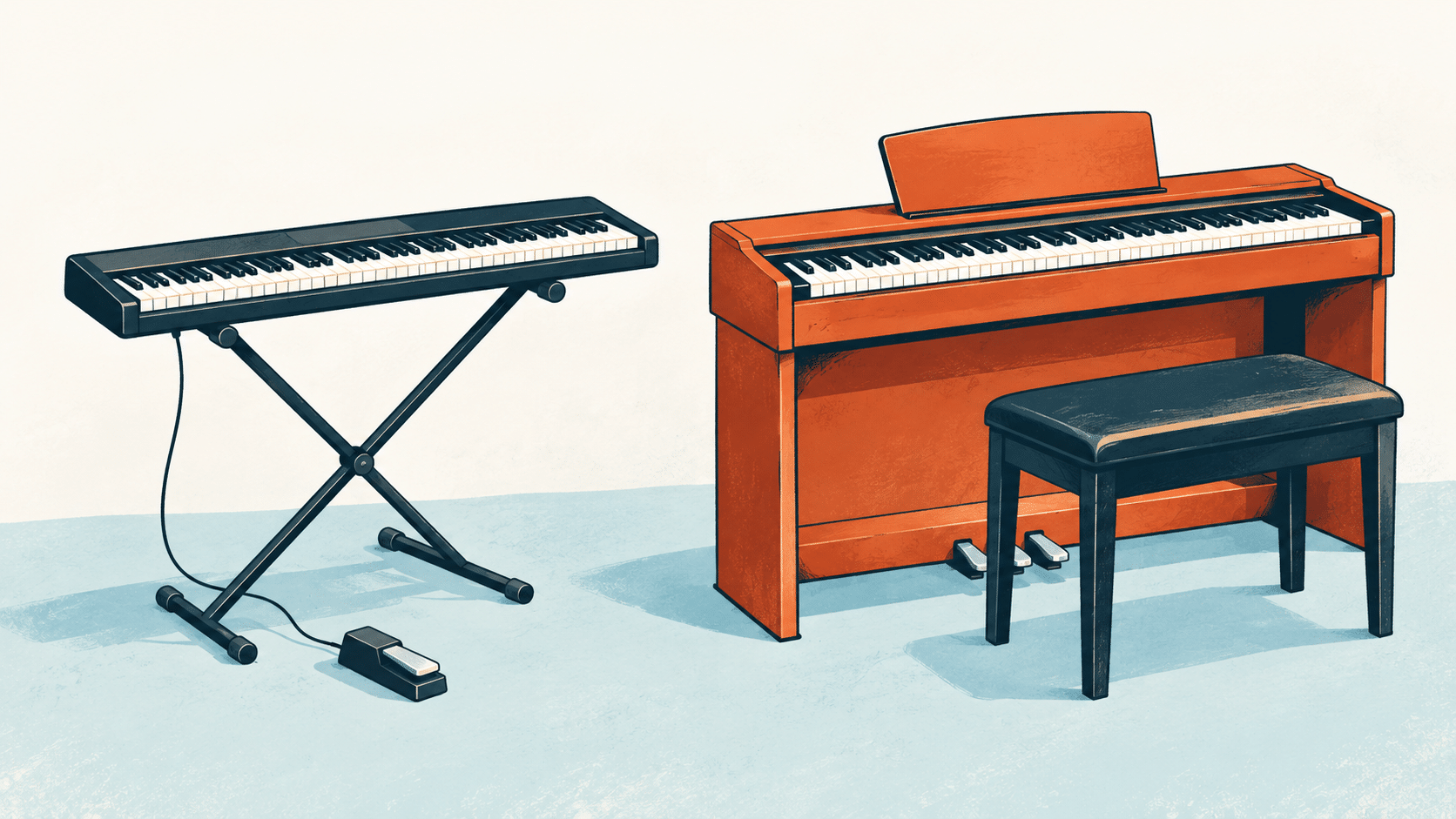 A digital keyboard on a stand with a sustain pedal next to an upright digital piano with a bench, serving as one of the best beginner keyboards.