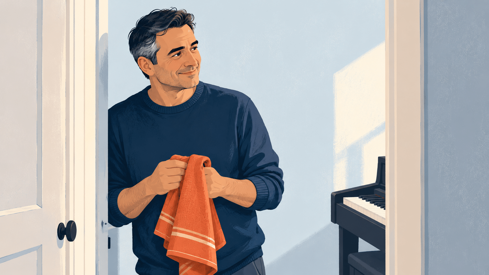 A piano parent in a navy sweater holds an orange towel while standing in a doorway next to a piano.