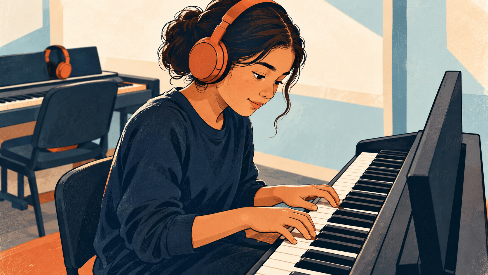A young person wearing orange headphones practices on a digital piano during lab style piano lessons.