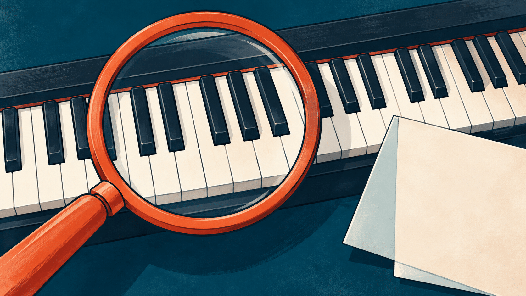 A magnifying glass held over piano keys next to a piece of blank paper, representing the process to choose a piano teacher.