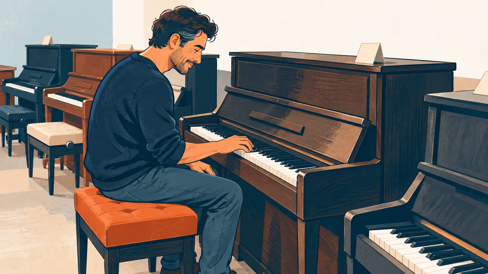 A man sits on a stool playing a wooden upright piano in a music store showroom, the type often handled by piano movers on Long Island.