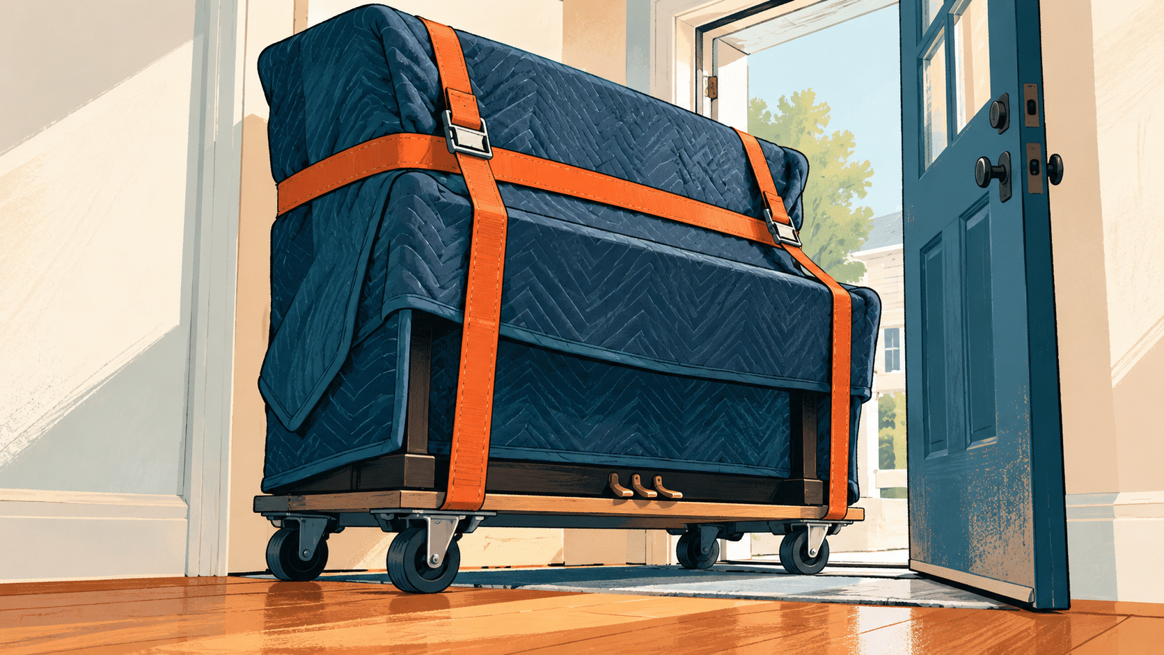 An upright piano, prepared by piano movers on Long Island, is covered in a blue moving blanket, secured with orange straps on a wheeled dolly, and positioned near an open doorway.