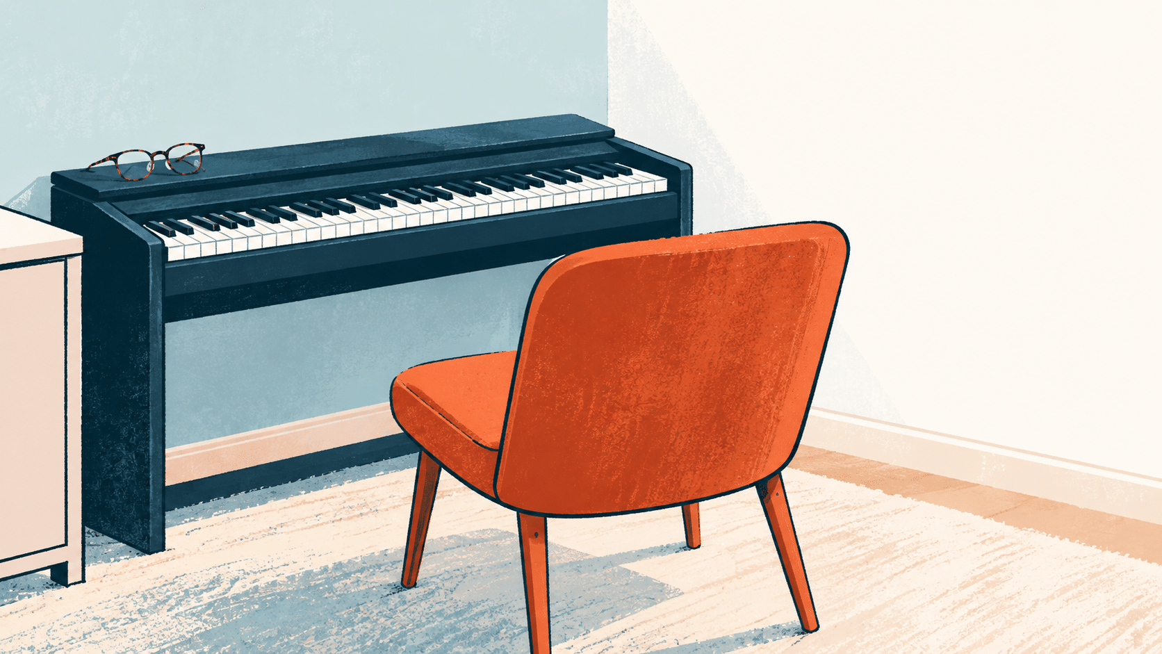 An orange chair faces a black digital piano with eyeglasses resting on the lid, perfect for adult piano lessons.