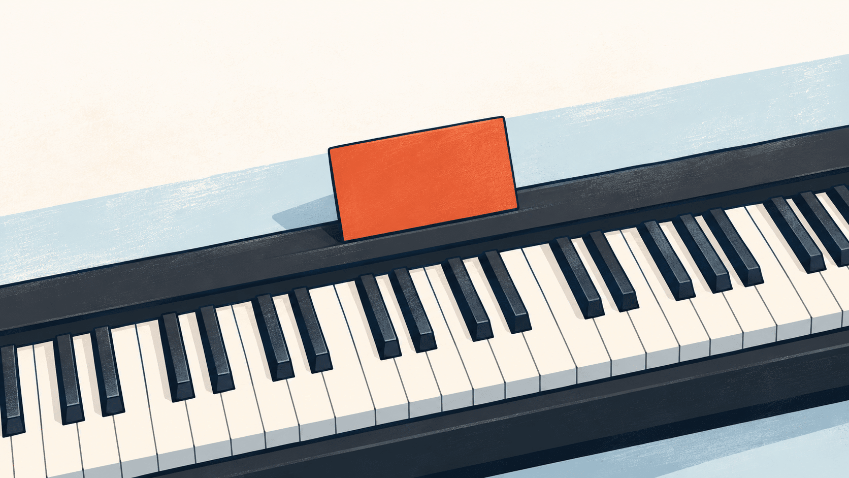 A digital piano keyboard with a blank orange music stand, ready for piano practice.