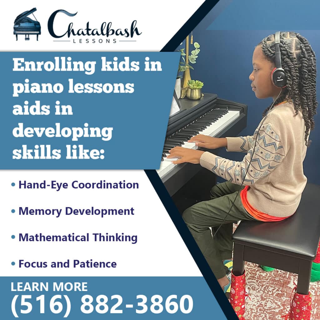 A child enthusiastically starting piano lessons with headphones enhances hand-eye coordination, memory development, and mathematical thinking while cultivating focus and patience. For details on nurturing child readiness through music, contact Chatalbash Lessons at (516) 882-3860.