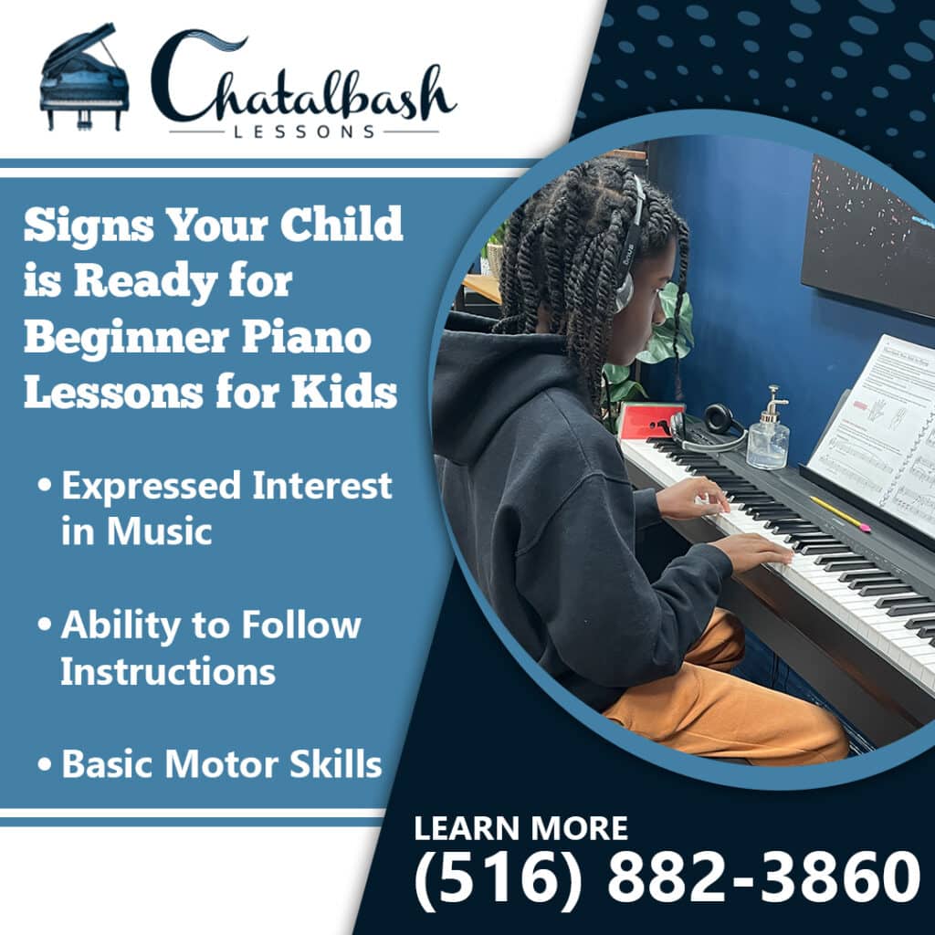 A child starts piano lessons, highlighting readiness with an interest in music, the ability to follow instructions, and basic motor skills. Contact details are displayed.