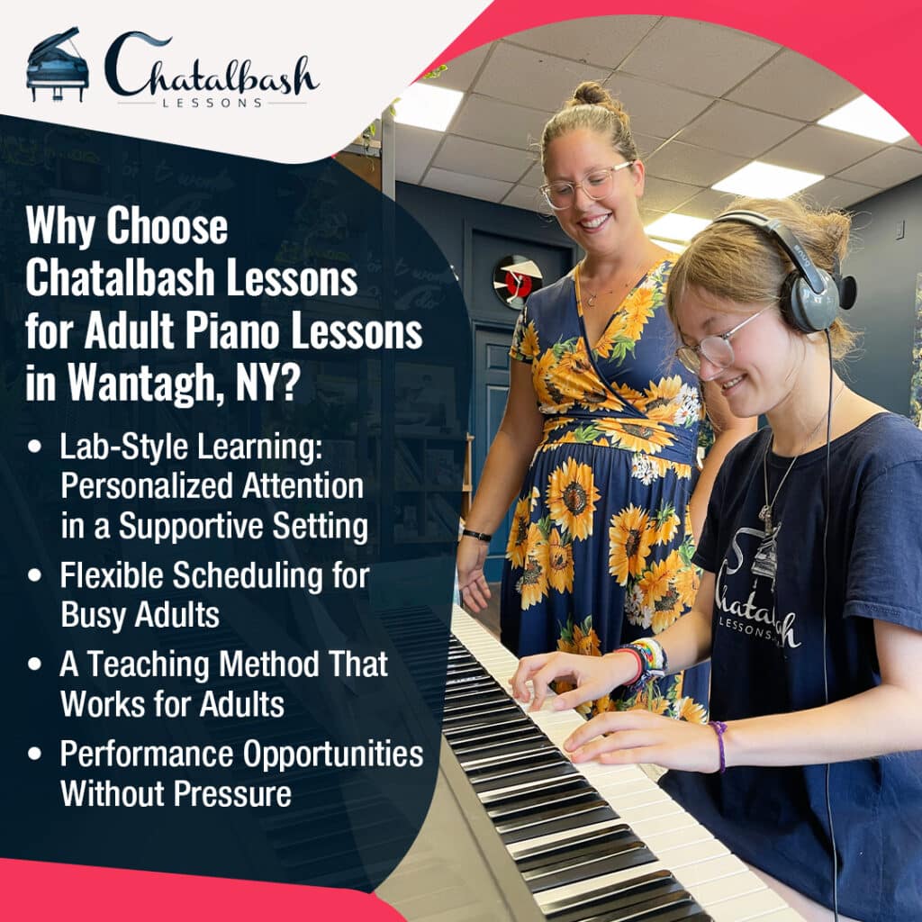 Two people at a piano: one playing while seated, and the other standing and smiling. Text on the left promotes adult piano lessons at Chatalbash Lessons in Wantagh, NY, ideal for those seeking piano lessons after 40.