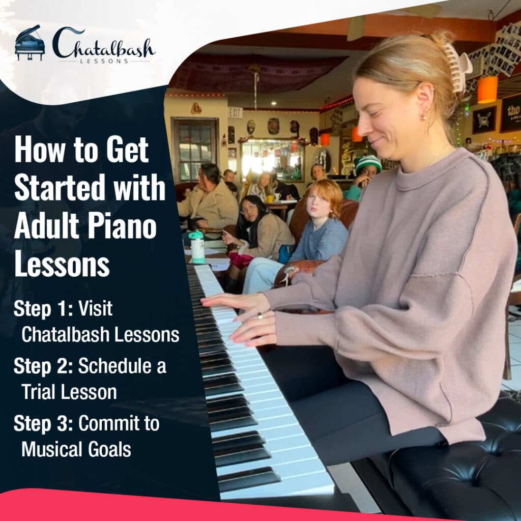 A woman plays the piano at Chatalbash Lessons, captivating an audience. Steps for starting adult piano lessons are listed alongside the image, offering guidance for those beginning their musical journey, even with piano lessons after 40.