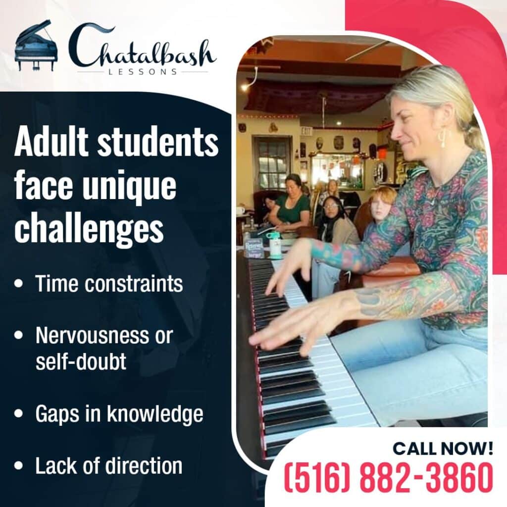 A woman plays piano in a classroom setting; text highlights challenges adult students face, including time constraints, self-doubt, knowledge gaps, and lack of direction.