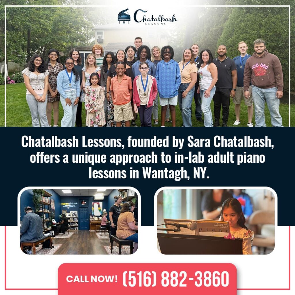 Group of adults and children posing outdoors; two inset photos show piano lessons taking place in a classroom and a young girl playing piano. Contact info for Chatalbash Lessons is displayed.