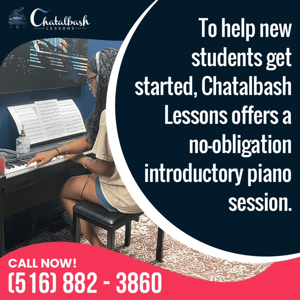 A person plays piano while reading sheet music; text promotes Chatalbash Lessons' no-obligation introductory piano session and includes a phone number to call.
