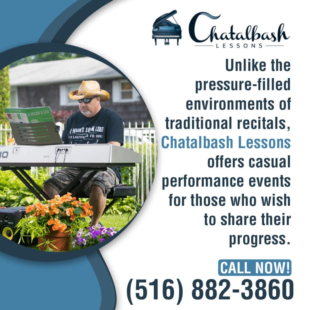 A person plays piano outdoors next to text promoting Chatalbash Lessons' casual performance events, including a phone number for contact.