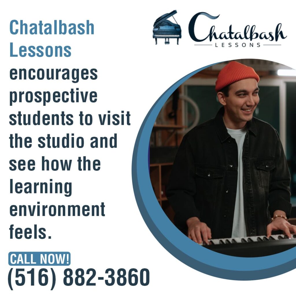 A man wearing a red beanie plays a keyboard in a music studio next to text promoting Fun Piano Lessons with Chatalbash Lessons and a phone number to call for more information.