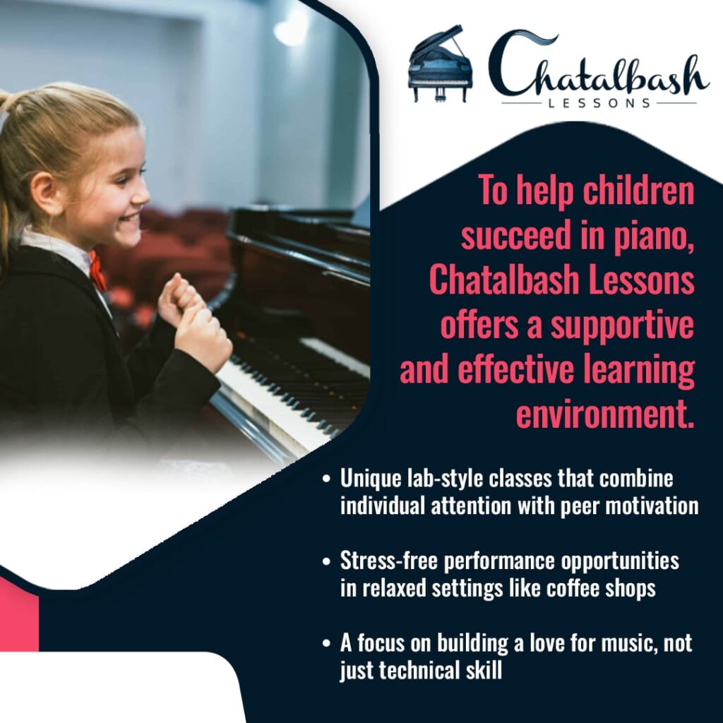 A young girl smiles while playing piano in a music classroom; text describes Chatalbash Lessons’ supportive, effective piano instruction for children.